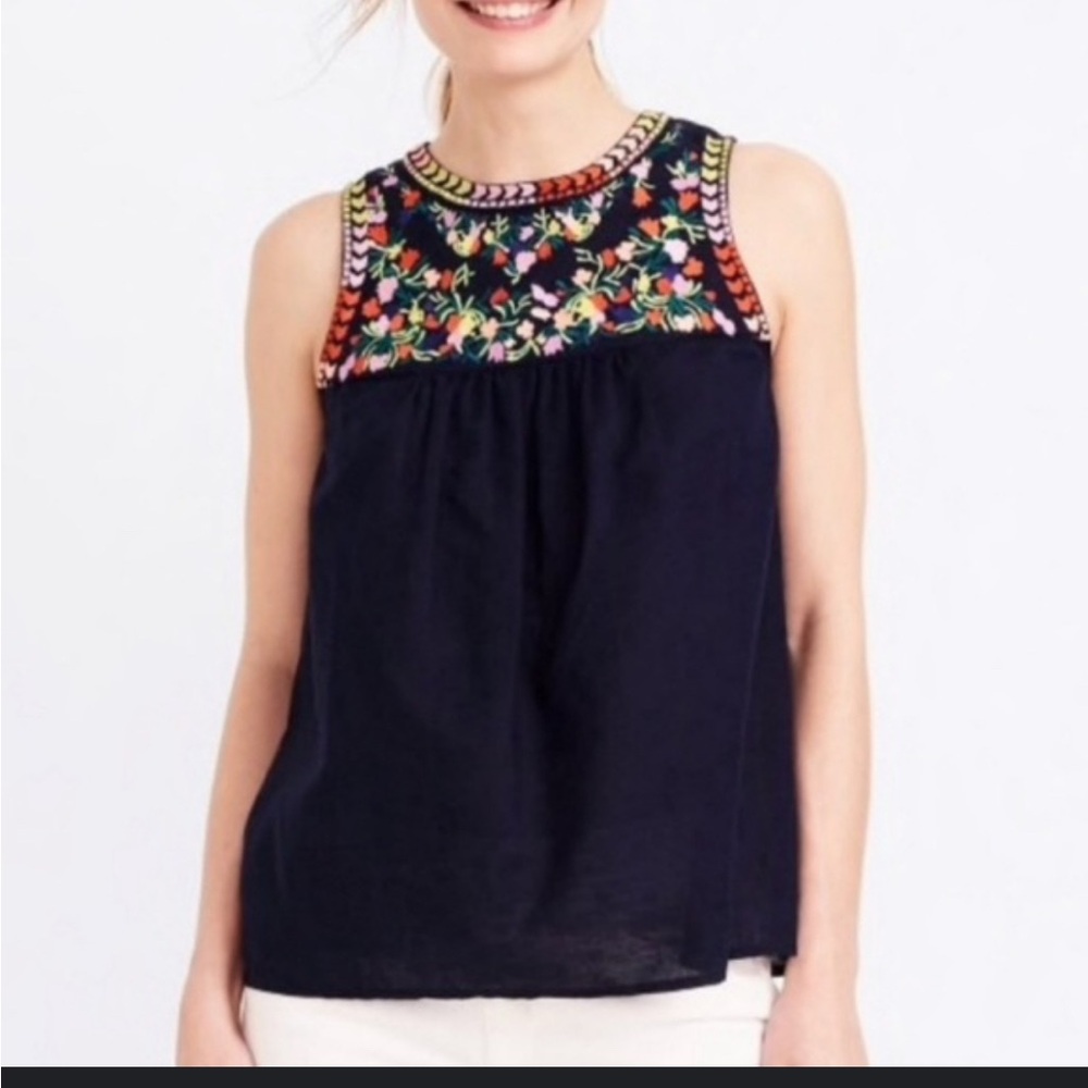 J. Crew Navy Blouse with Vibrant Embroidery